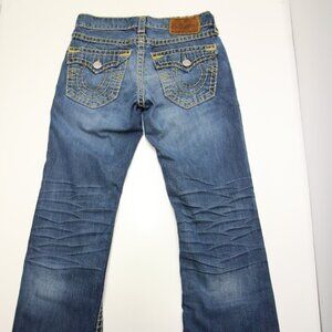 True Religion Billy Super T Thick Stitch Blue Jeans Mens 31 USA Fades Flap Boot